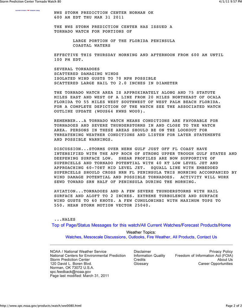 Storm Prediction Center Tornado Watch 80 2-2